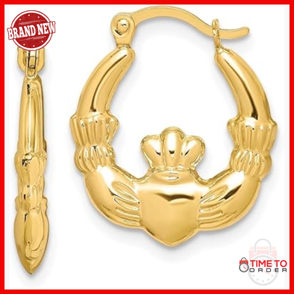 10k Gold Claddagh Heart Hoop Earrings 18mm Hollow Wire Closure
